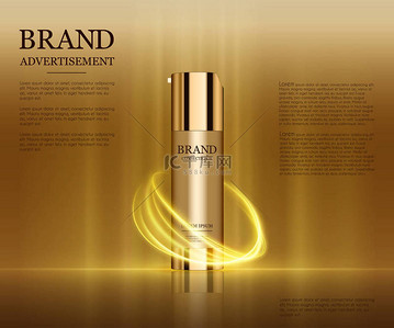 招商广告背景图片_化妆品广告模板、 滴瓶样机上孤立耀眼的背景。金色的金属箔和泡沫元素。3d 图.