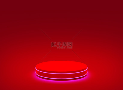 3D红色霓虹灯圆柱形讲台最小工作室红色黑色背景。摘要三维几何形体图解绘制.圣诞假期产品的展示.