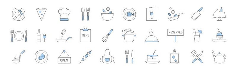 一套食物烹饪和厨师餐厅涂鸦图标。