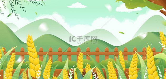 麦穗徽标背景图片_小满麦穗 绿色卡通节气海报