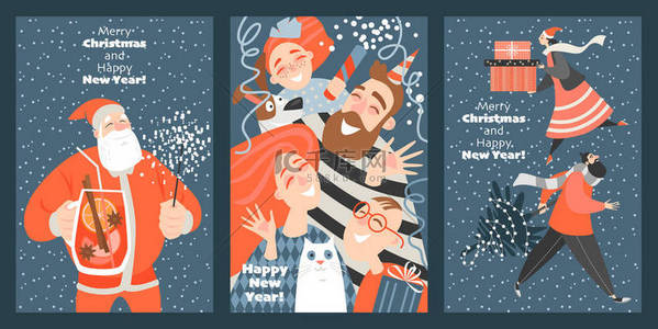 一套有趣的贺卡圣诞和新年。卡通风格中的矢量插画
