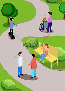 卡通老人轮椅背景图片_公园城市人物背景