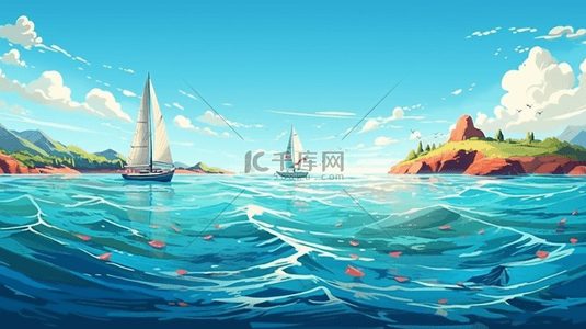 清凉夏日背景图片_夏日清新海上帆船航行大场景