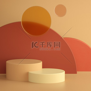 c4d超现实背景图片_文摘:温热的粉刷3D渲染场景，松软的玻璃圈和圆筒的背景。正方形横幅模板，带有文字空间。时尚的超现实的组成。陈列柜、店面、陈列柜.