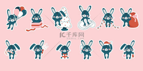 可爱背景图片_带兔子的数码贴纸圣诞节可爱的兔子集合。2023年冬季黑色野兔的象征。新年吉祥物。病媒扁平的动物特征。新年快乐.