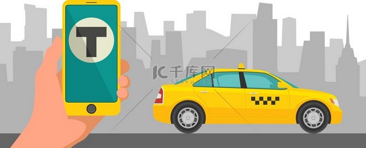 出租男友背景图片_电话界面出租车在城市背景出租车上的屏幕上。移动应用程序为预订出租车服务的。为业务、 信息图形、 横幅、 介绍平面矢量图.