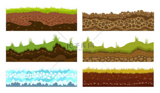 游戏电竞背景图片_无缝的理由、 土壤和土地矢量为 Ui 游戏设置。表面水石草雪冰图.