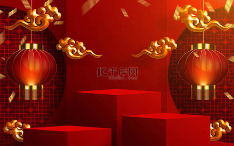 工艺背景图片_3D中秋节、中秋节、红剪纸、扇子、花卉及亚洲元素，背景为工艺风格.