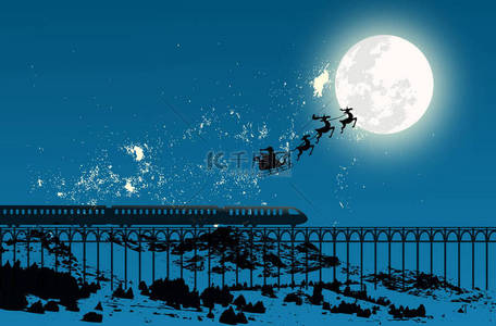 santa背景图片_月球背景上的圣诞老人和山上的午夜火车的矢量图解