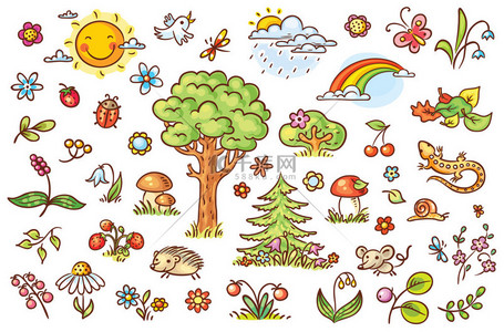 卡通自然与树木、 花朵、 浆果和小森林动物，没有渐变设置