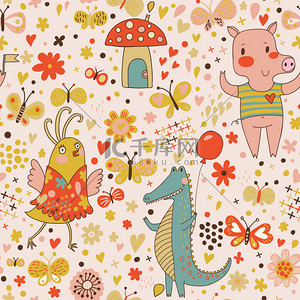 in卡通背景图片_Funny cartoon animals in vector. Cute seamless pattern for children's wallpapers in pink colors