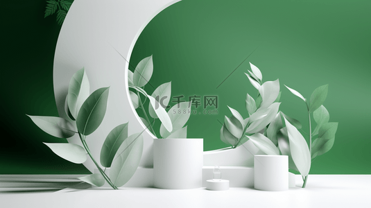 电商展台绿色背景图片_绿色绿叶3D立体电商展台