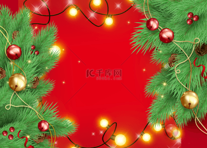 圣诞节灯串金色铃铛红色背景