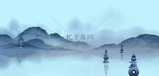 杭州马拉松背景图片_杭州西湖景点蓝色水墨背景