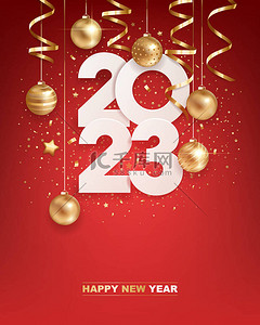 design背景图片_Happy new year 2023. White paper numbers with golden Christmas decoration and confetti on  red background. Holiday greeting card design.