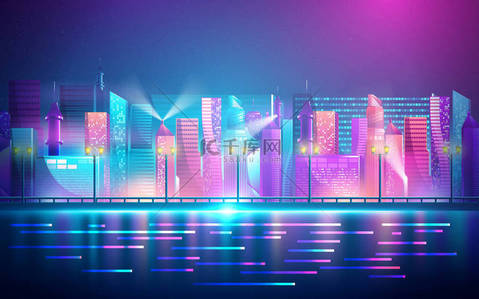 未来夜市。背景昏暗的城市景观，明亮而发光的霓虹灯紫色和蓝色。矢量插图