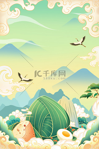 端午节粽子仙鹤山水国潮中国风边框背景
