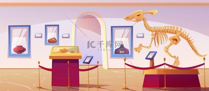 有恐龙骨架和考古展品的历史博物馆内部。