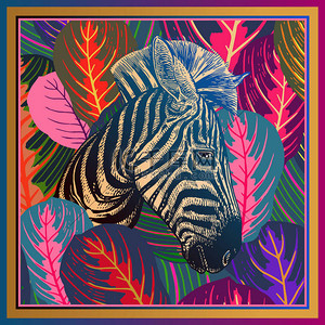 动物指纹头非洲斑马特写镜头和条纹热带叶子。向量例证。全彩杂乱抽象背景。奢华的模式。设计围巾、枕头模板。现代兽式