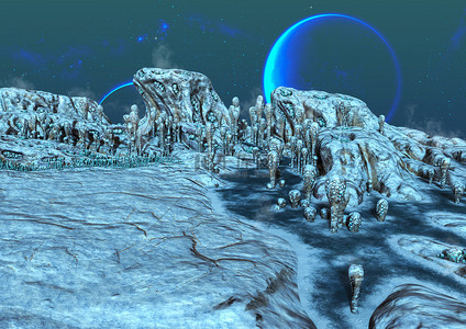 蓝色月亮背景图片_冰冻的外星土地的幻想场景，蓝色月亮的背后. 