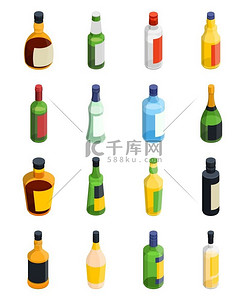 酒精等轴测图标集彩色和隔离酒精等距图标集具有不同尺寸和类型的瓶子矢量插图