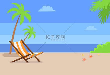沙滩背景图片_在空旷的沙滩上高高的手掌下的躺椅