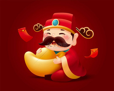 中国武侠背景图片_中国新年字符元素在红色背景下被分离出来.中国的财富之神，手里拿着一个巨大的金锭或银锭.