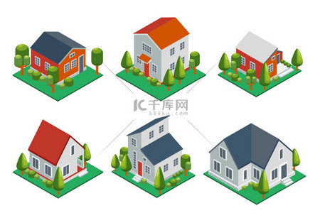 Isometric 3d private house, rural buildings and cottages icons set