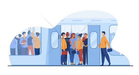 乘地铁旅行的通勤者人潮.地铁乘客站在拥挤的地铁车厢里.公共交通、通勤、高峰时间概念的矢量图解
