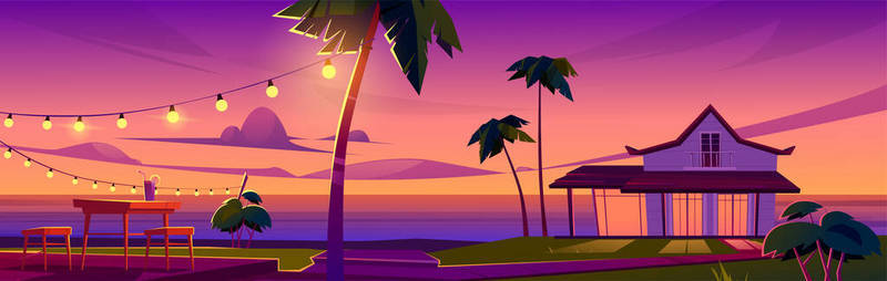 桌子背景图片_夏季热带风景,海滩上有平房,日落时在阳台上有桌子和椅子.带房子和棕榈树的海滨度假异国情调的病媒漫画