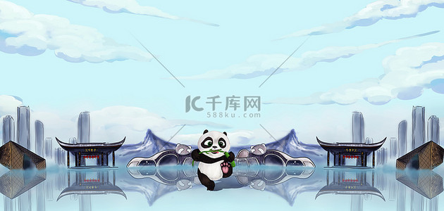 成都蜀锦背景图片_成都熊猫蓝色创意背景