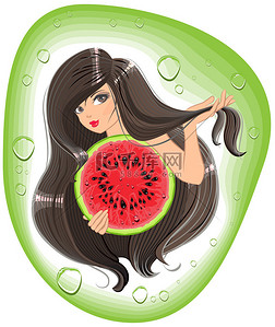 头发红色背景图片_黑发的女孩抱着个大西瓜。模板标签洗发水