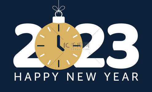 2023年新年快乐矢量图解。2023新年，蓝色钟球，黑色背景，平面和卡通画风格