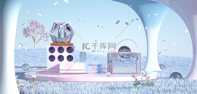 c4d粉背景图片_C4D几何舞台粉蓝色3D空间感