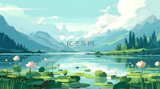 荷叶背景图片_湖面荷塘荷花远山背景