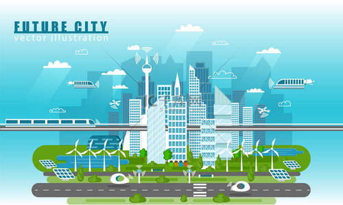 智能城市景观的未来矢量概念插图在平面风格。城市天际线与现代技术和自驾车汽车。未来的基础设施和交通.