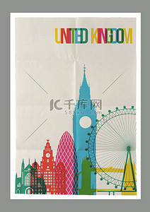 旅行联合王国地标天际线老式的海报