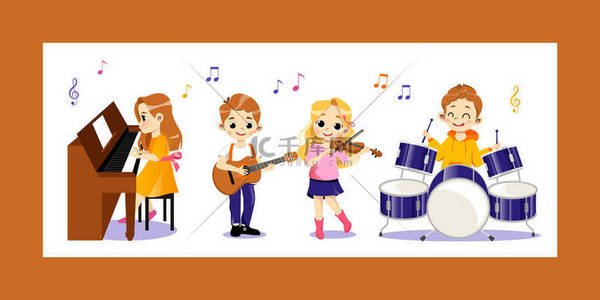 新年快乐背景图片_儿童音乐课的广告概念。快乐有才华的孩子弹奏打击乐，钢琴，小提琴，吉他。孩子们集体演奏乐器协奏曲.卡通平面矢量图解