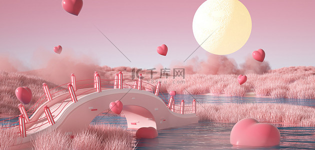 海报七夕背景图片_七夕喜桥粉色场景C4Dbanner背景