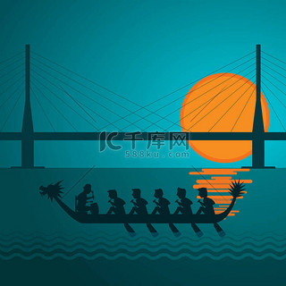 端午龙舟背景图片_龙舟桥背后的矢量插画