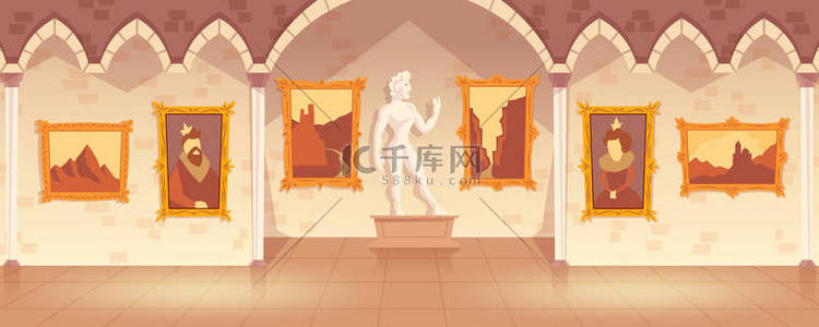 在中世纪宫殿的艺术画廊的墙壁和古董雕像的绘画的矢量博物馆展览。空城堡大厅或舞厅与集合的图片, 内部内。动画片游戏背景