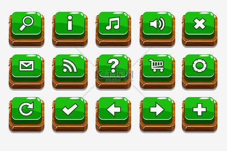 带有不同菜单元素的木方形绿色按钮, 用于 web 或游戏设计, 类似 Jpg 拷贝