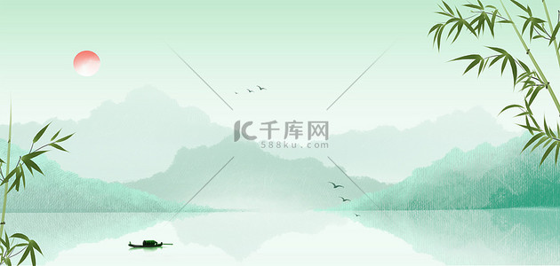 古风背景图片_清明节山水竹子绿色水墨中国风春天海报背景