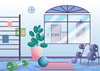 运动锻炼背景背景图片_健身房房间窗户运动蓝色背景