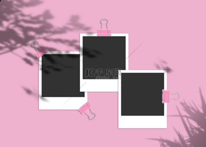 胶片框背景图片_粉色夹子卡通相纸植物阴影背景