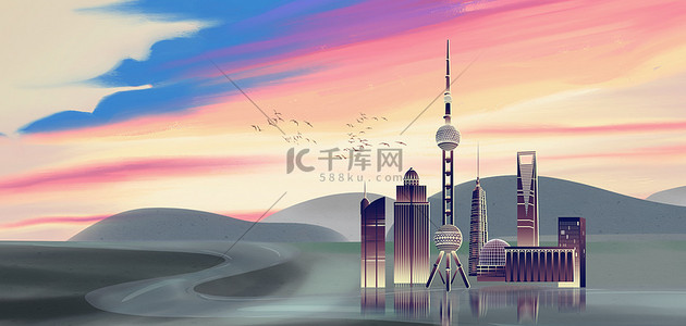 城市地标手绘背景图片_上海地标手绘卡通城市建筑