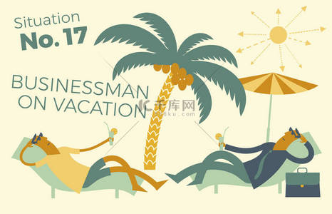商人度假, 商务度假-插图的滑稽商人在海滩上日光浴在棕榈树和热带鸡尾酒的介绍, 登陆页, 动画和创意项目。业务图表.