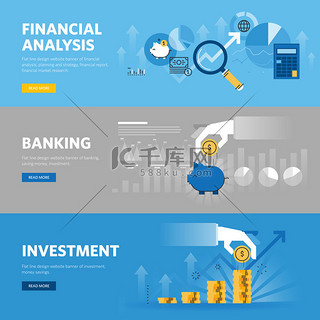 金融背景图片_一套扁平线设计网页横幅，适用于银行和金融、投资、市场研究、金融分析、储蓄