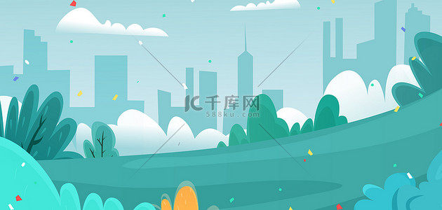 天空背景图片_城市公园绿色卡通公园矢量风景图