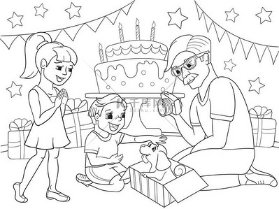 儿童卡通着色的假期。生日礼物，一个令人难忘的镜头。那个男孩向那男孩一只小狗.